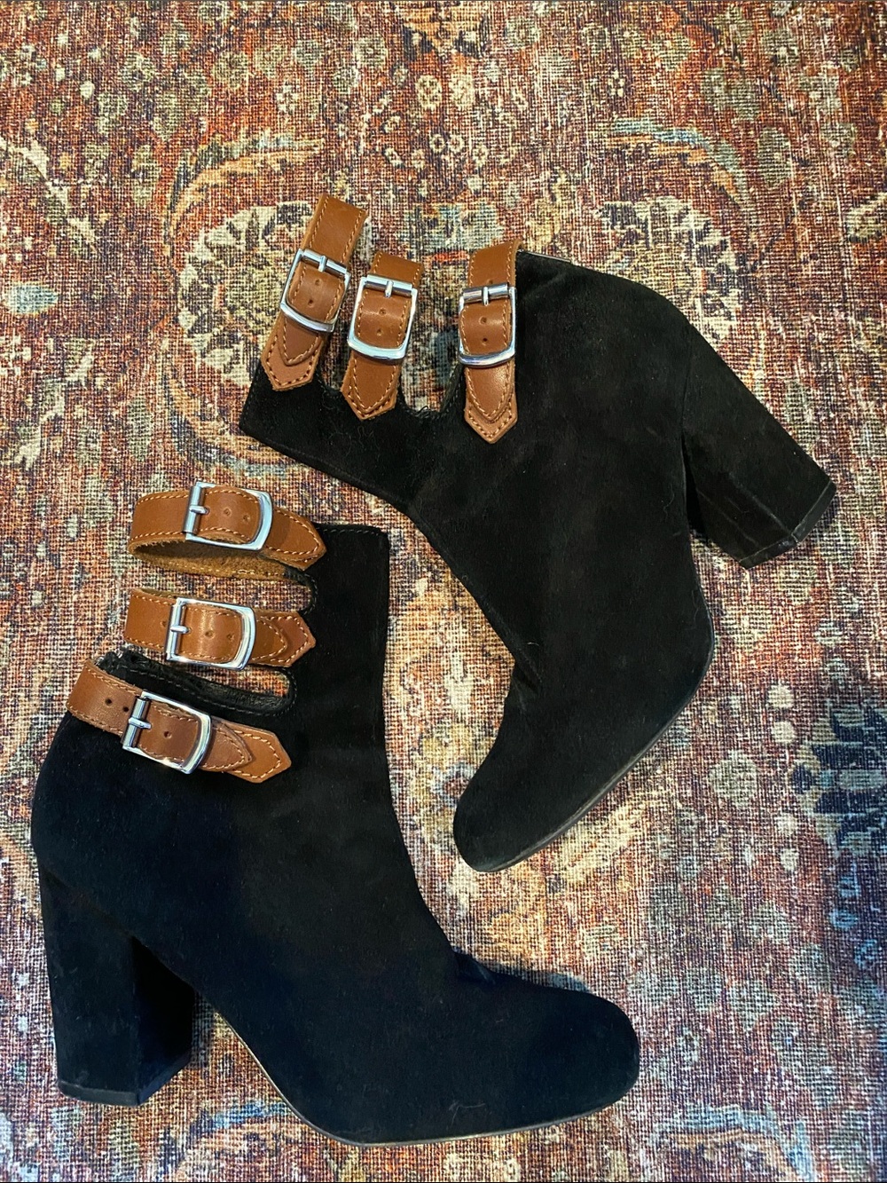 Anthropologie/Pied Juste Black Suede Ankle Boots with Tan Buckle Straps. Size 9 - Picture 2 of 11
